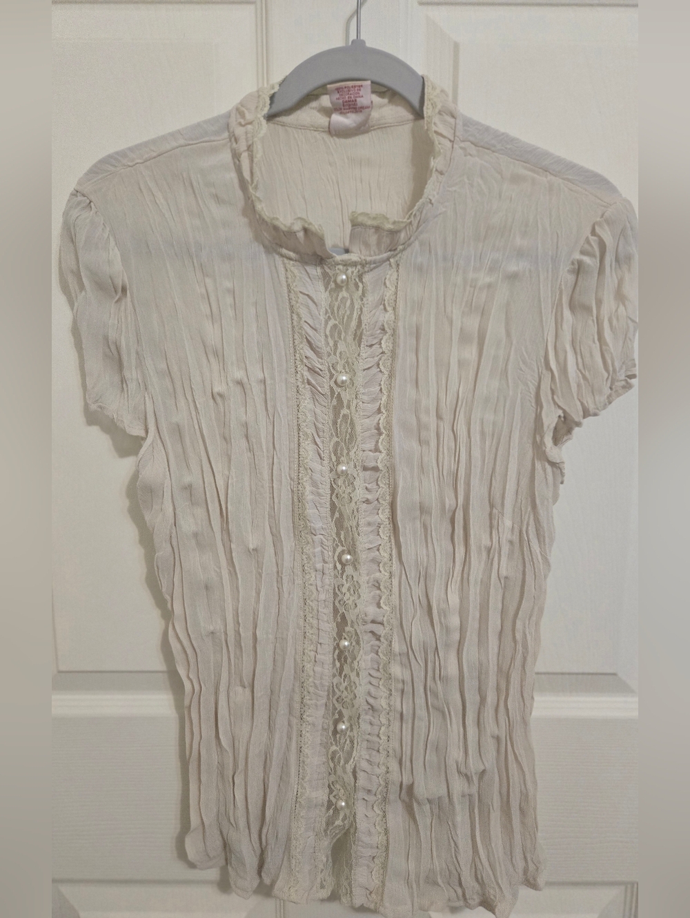 SOLD  Faded Glory Cream Ruffled Lace-Trim Button Front Blouse
